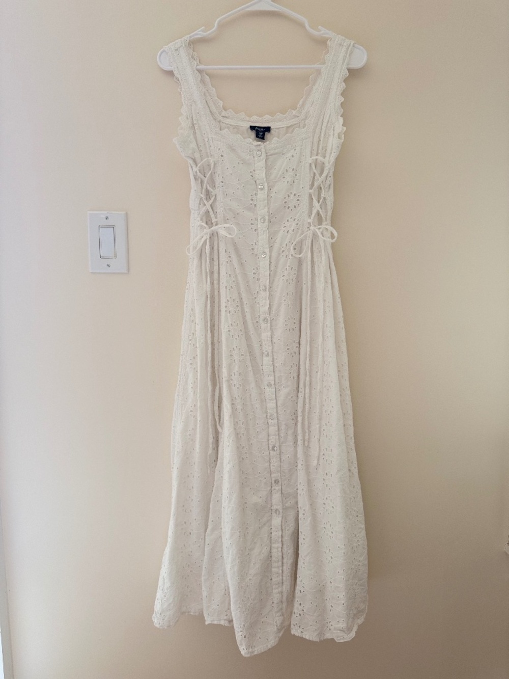 Nastygal Cotton Eyelet Lace-Up Corset Square Neck Midi Dress Renfaire White 6
